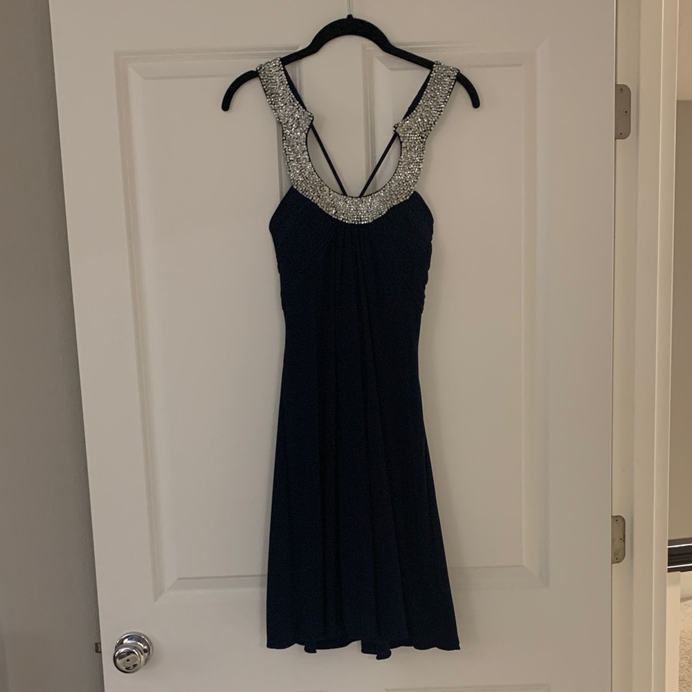 Elegant Navy Dress with Embellished Bead Accents